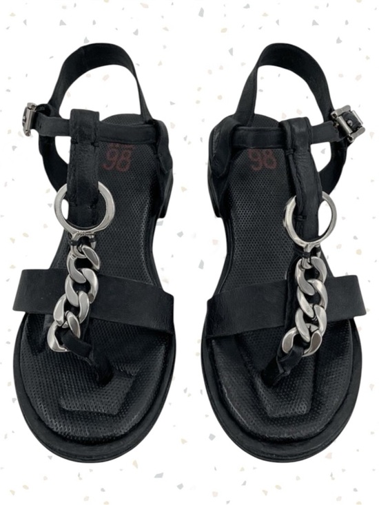 A.S.98 Shoes - A.S.98 Black Leather Silver Chains Strappy Heeled Sandals Edgy Boho Size 39
